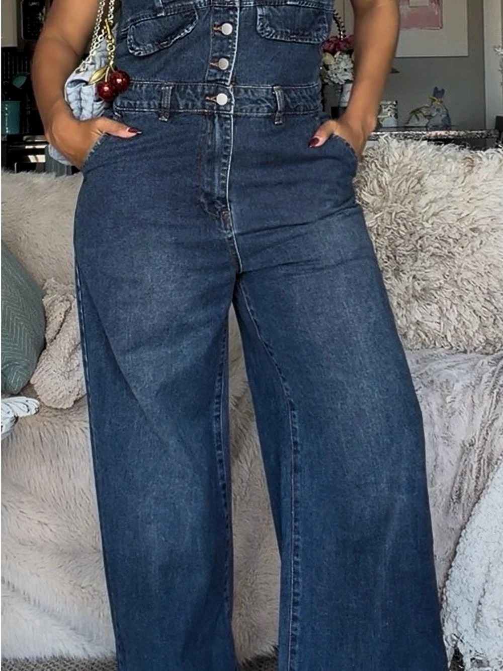 Cider Denim V-neck Button Pocket Wide Leg Jumpsuit